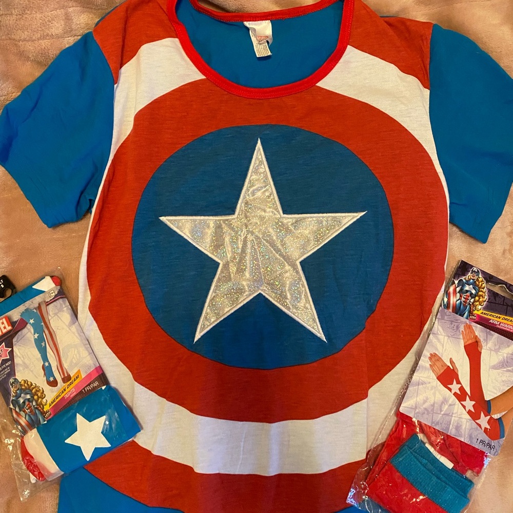 Marvel Superhero Tshirt- Red, Blue, and White, Adult tights, adult arm warmers